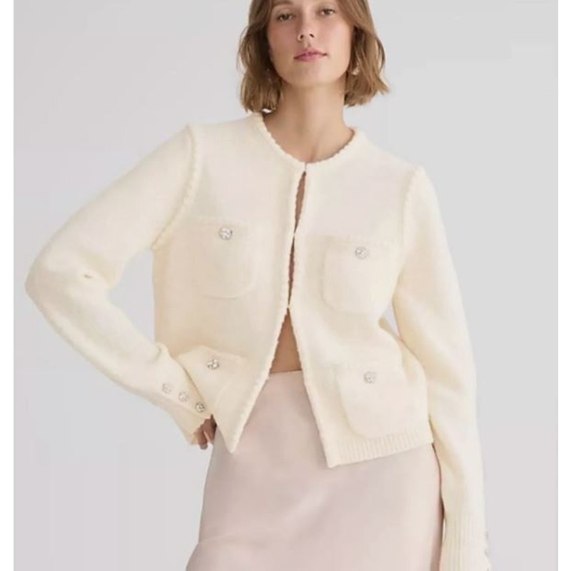 J. Crew Odette Lady Ivory Boucle Cardigan, Crystal Buttons, Women's Size M